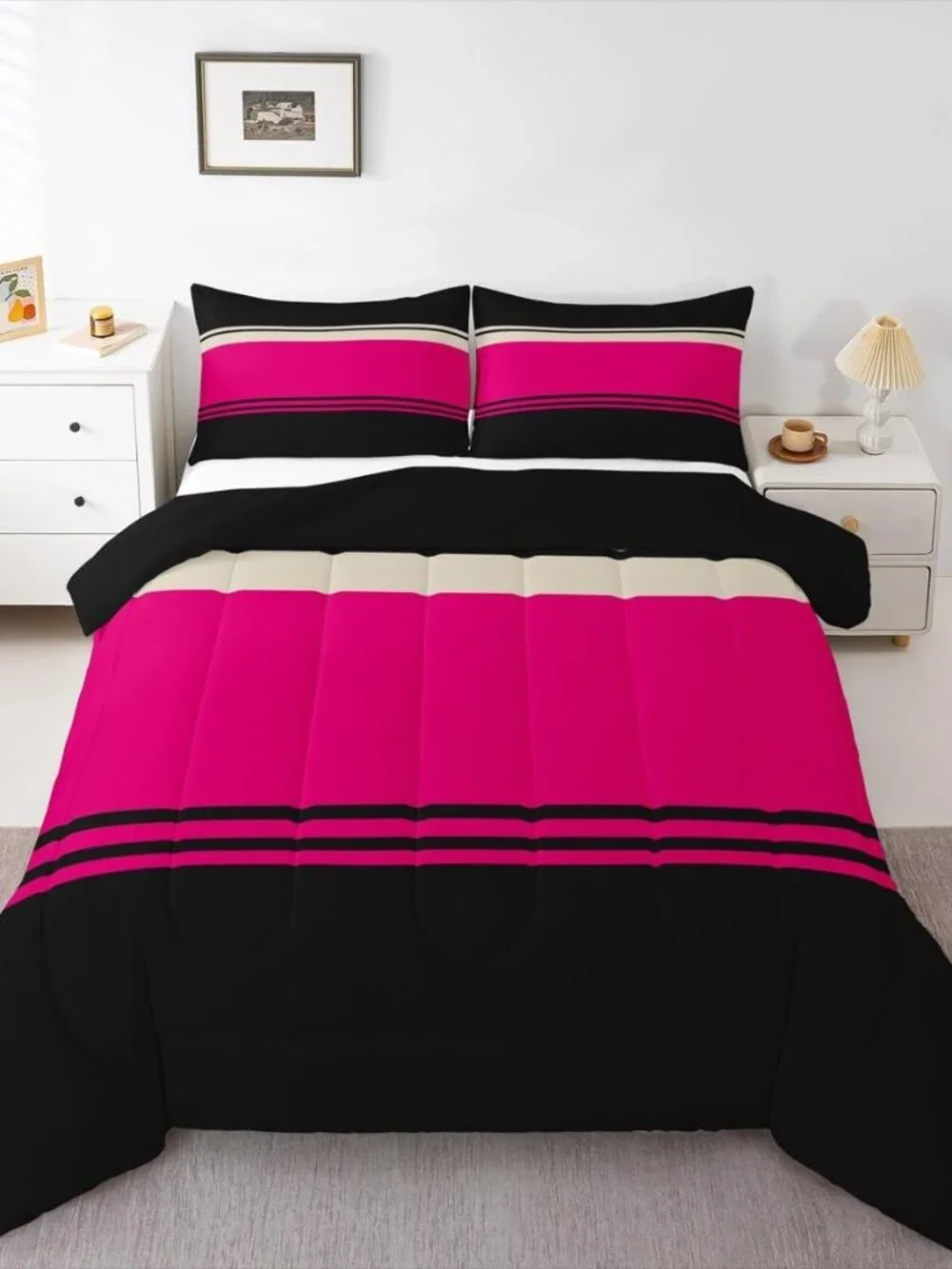 Patchwork Striped Comforter Set Hot Pink Black Stripes Bedding Sets Aesthetic Ge